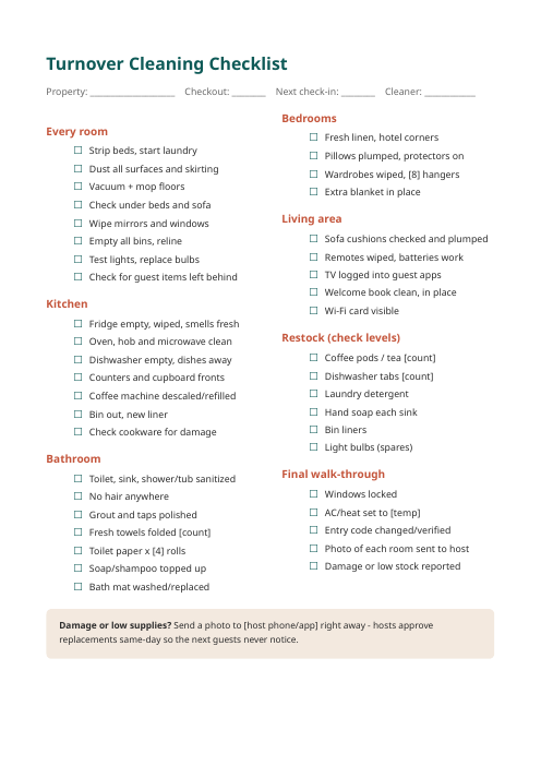 Turnover cleaning checklist